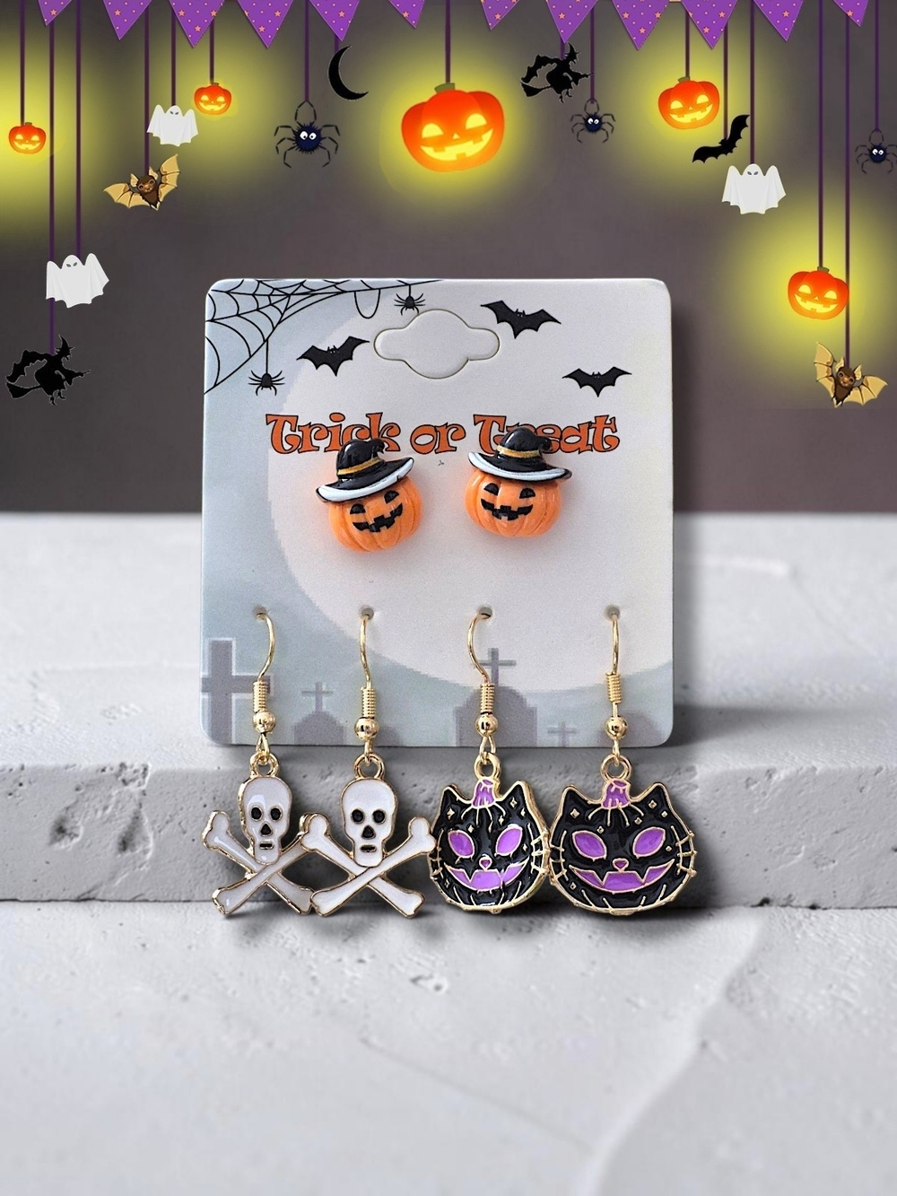 Halloween 3-Piece Earring Set ' Jack-O'-Lantern, Skull & Black Cat